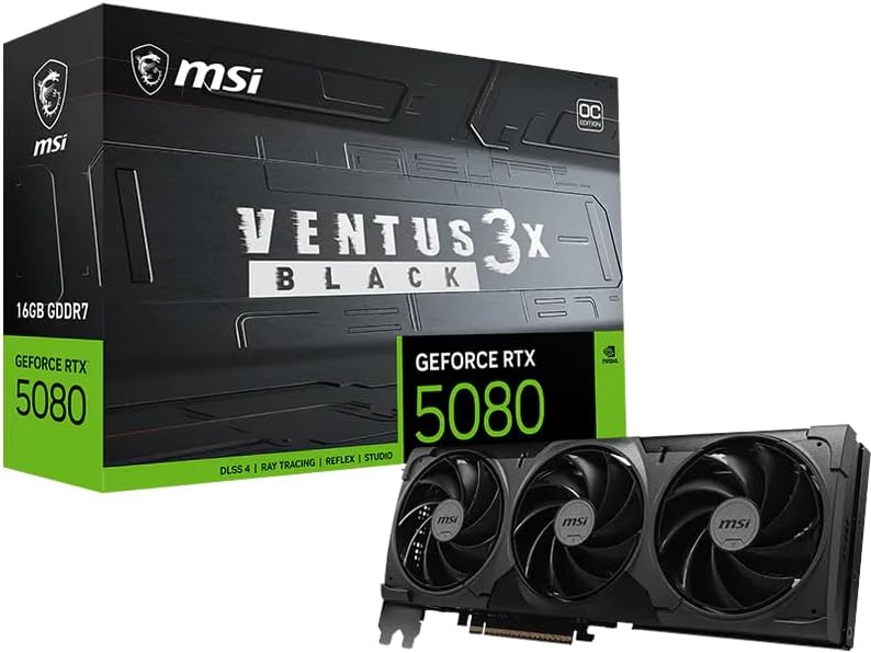 ( Amazon Returns ) Msi Gaming RTX 5080 16G Ventus 3X OC Black Graphics Card (16GB GDDR7, 256-bit, Extreme Clock 2640 MHz, DisplayPort x 3 2.1a, HDMI 2.1b, NVIDIA Blackwell Architecture)